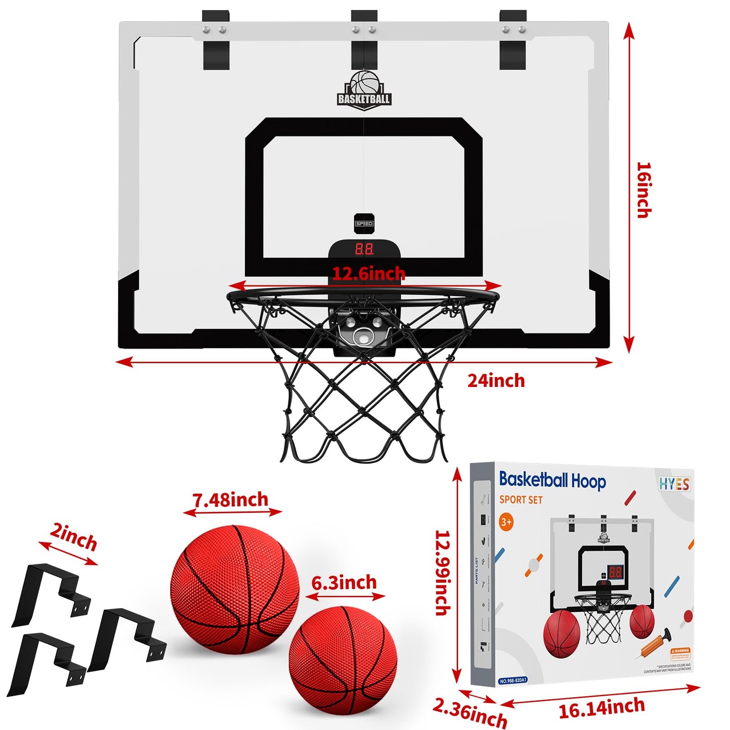HYES 24x16 Large Indoor Basketball Hoop – Over-The-Door with Electronic Scoreboard