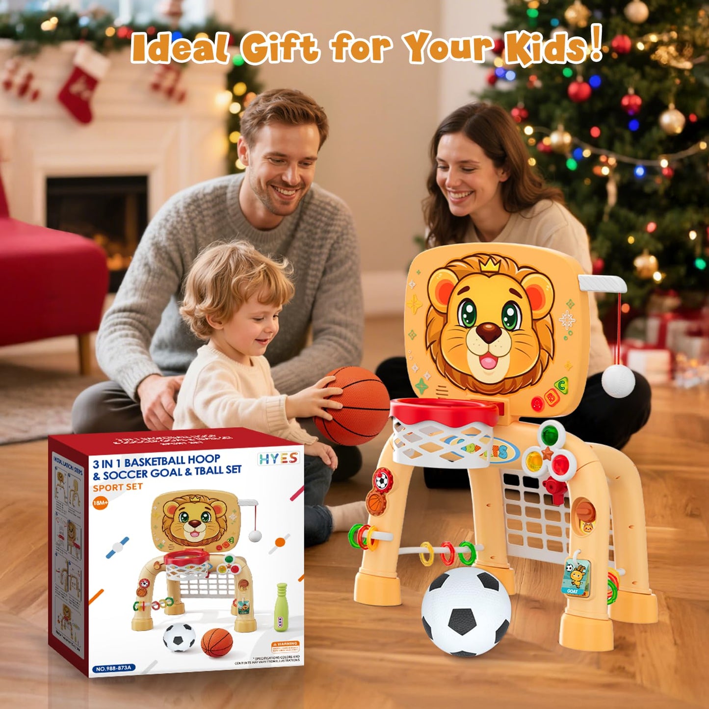 HYES 3-in-1 Toddler Sports Center: Basketball Hoop, Soccer Goal & Learning Abacus for Ages 1–3