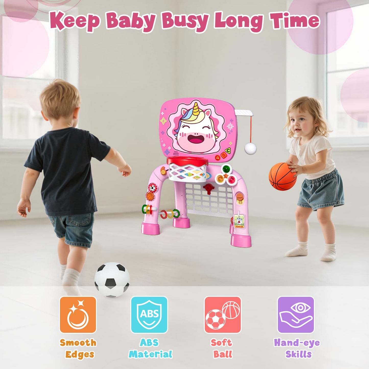 HYES Toddler 3-in-1 Basketball Hoop, Soccer Goal & Montessori Learning Toy Set for Ages 1–3
