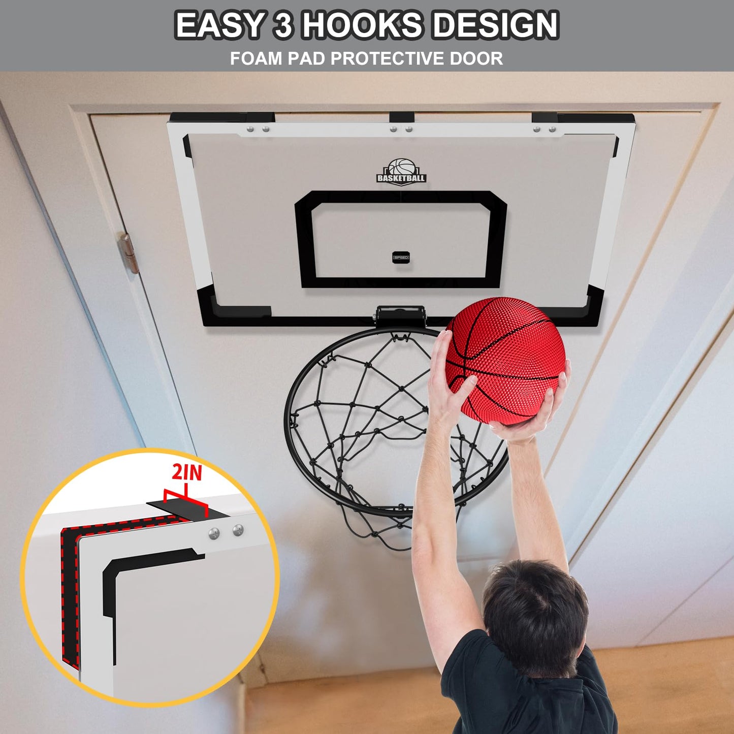 HYES 24x16 Large Indoor Basketball Hoop – Over-the-Door Backboard, Sturdy Rim, Fun Gift for Adults & Kids | Black