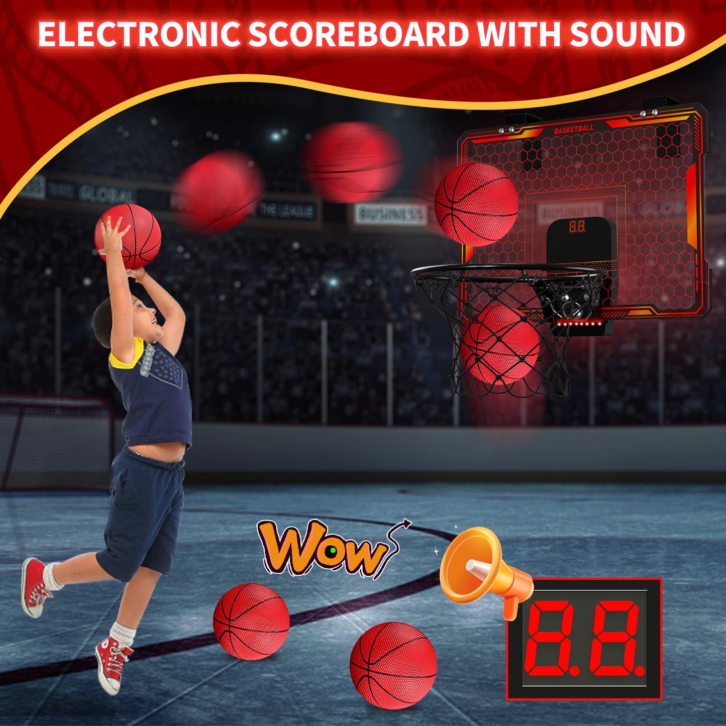 HYES Remote Control Indoor Basketball Hoop – 7 LED Lights, 3 Modes, Over-Door Mount (Red)