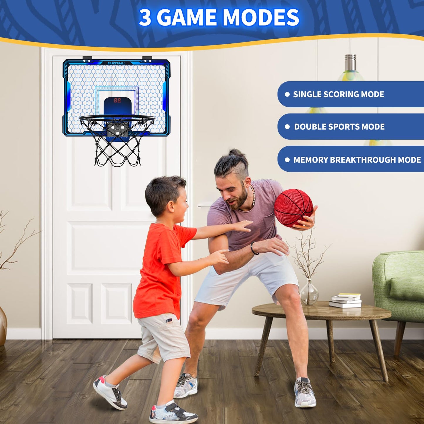 HYES Remote-Control Indoor Basketball Hoop with 7 LED Lights – Over-Door, 3 Modes, Blue