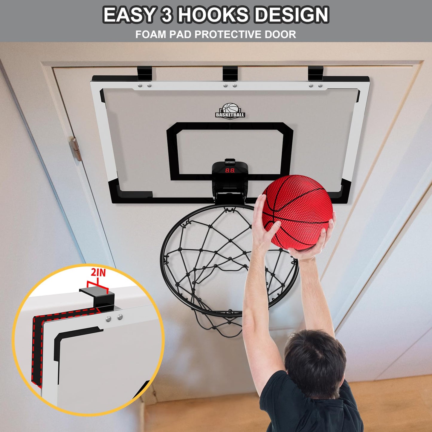 HYES 24x16 Large Indoor Basketball Hoop – Over-The-Door with Electronic Scoreboard
