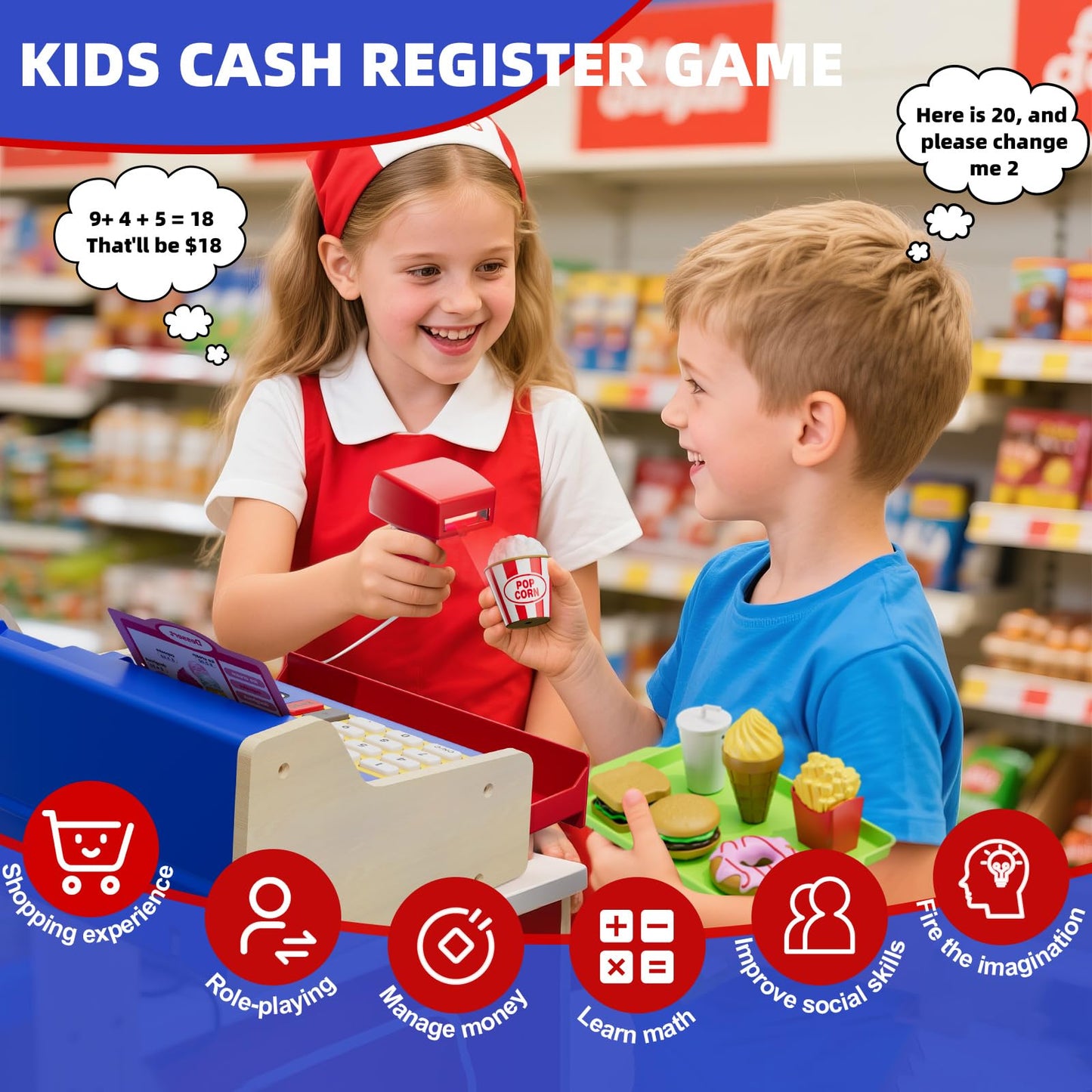 HYES Rechargeable Wooden Cash Register for Kids – Dual Theme Mini Shop with Play Money (Blue)