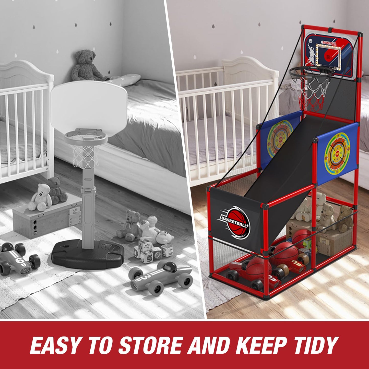 HYES Basketball Arcade Game – Indoor/Outdoor 2-in-1 with Darts, 4 Balls & Pump