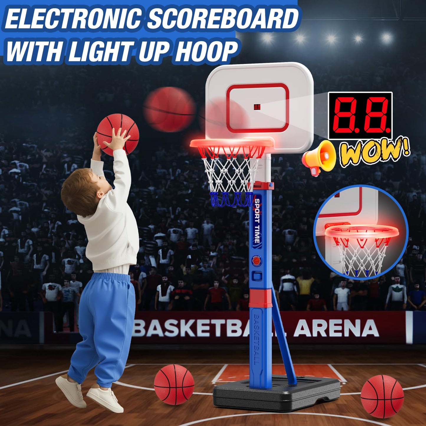 HYES Toddler Basketball Hoop with Scoreboard and LED Rim — 55in Adjustable Indoor Outdoor