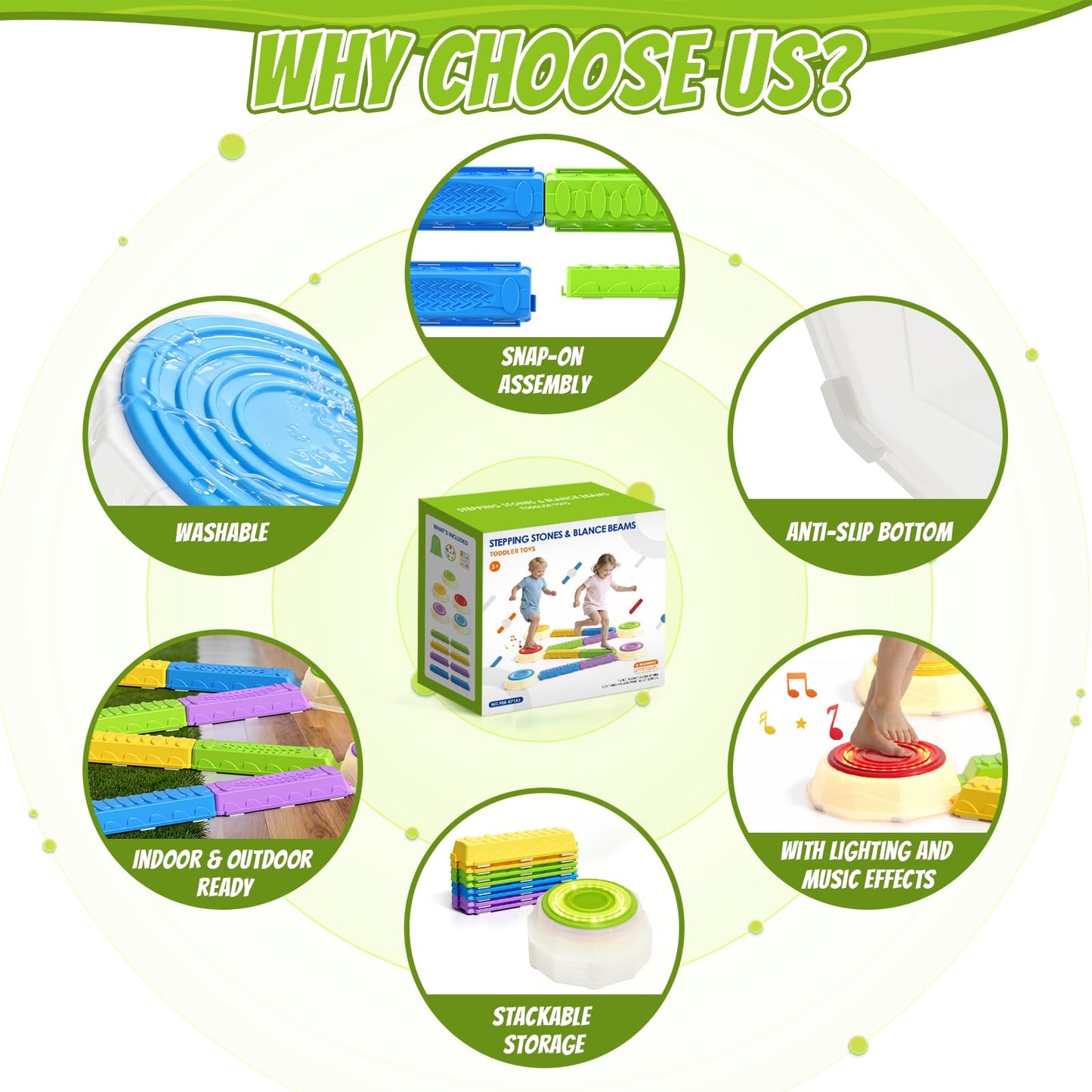 HYES Light Up Stepping Stones & Balance Beams – 13-Piece Sensory Obstacle Set for Kids