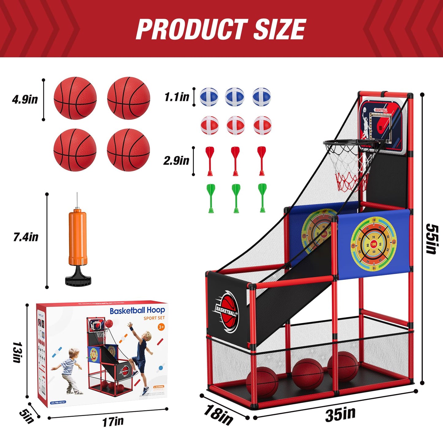 HYES Basketball Arcade Game – Indoor/Outdoor 2-in-1 with Darts, 4 Balls & Pump