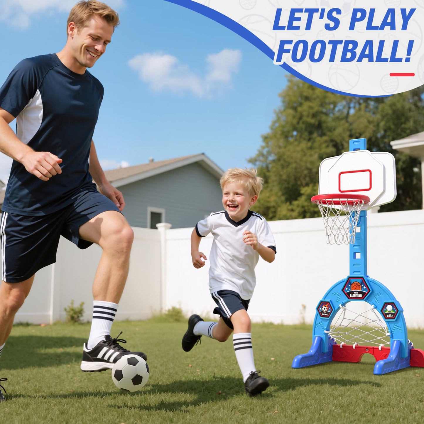 HYES Toddler Basketball Hoop – 3-in-1 Sports Center with Soccer Goal & Golf, 5-Height Adjustable Indoor/Outdoor Playset (Blue)