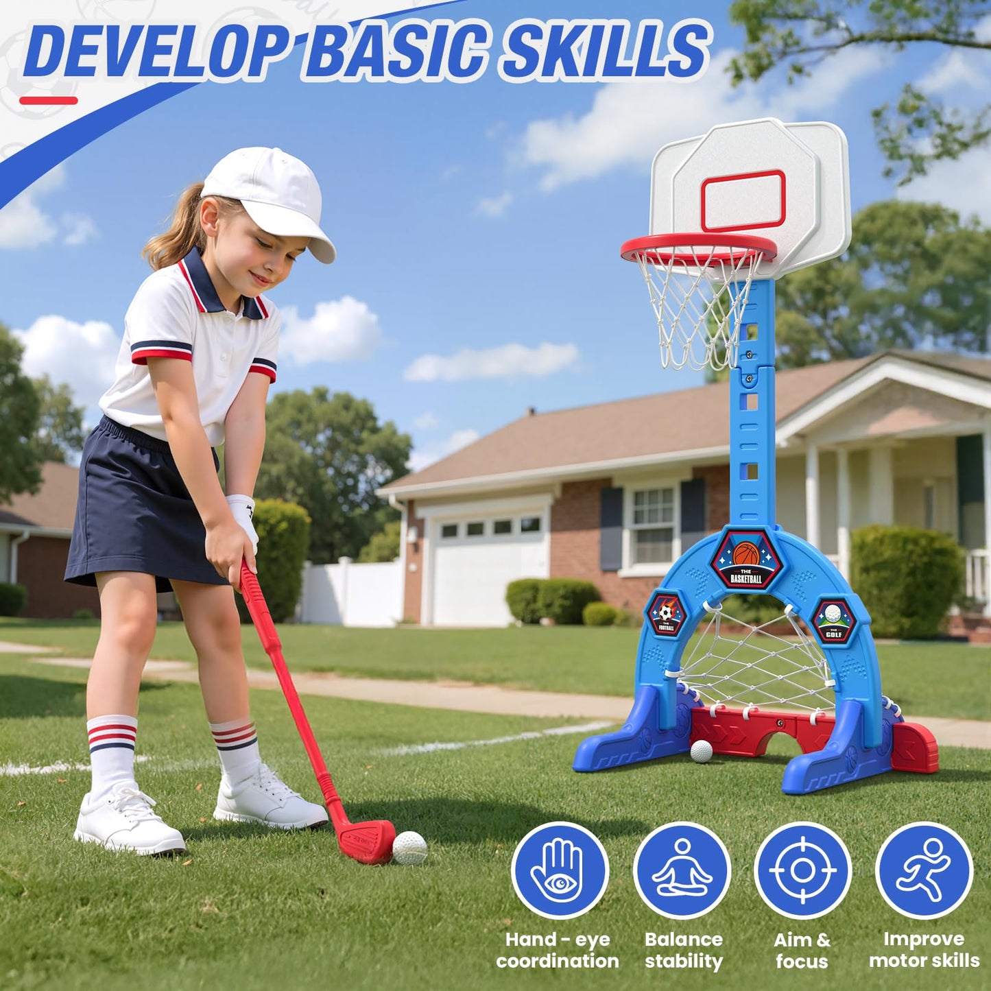 HYES Toddler Basketball Hoop – 3-in-1 Sports Center with Soccer Goal & Golf, 5-Height Adjustable Indoor/Outdoor Playset (Blue)