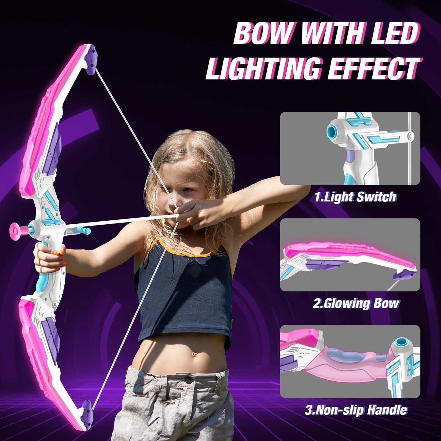 HYES Kids Bow and Arrow – LED Light Up Archery Set with 12 Suction Cup Arrows