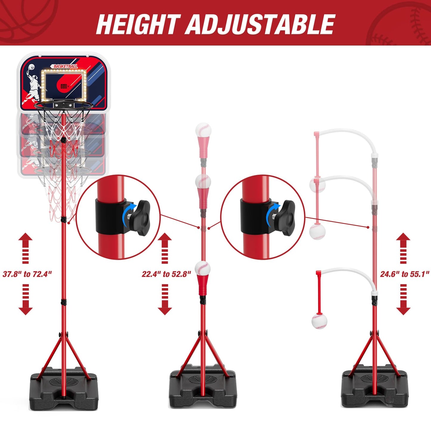 HYES 4-in-1 Kids Basketball Hoop & T-Ball Set – Adjustable Indoor/Outdoor Play for Ages 3-8