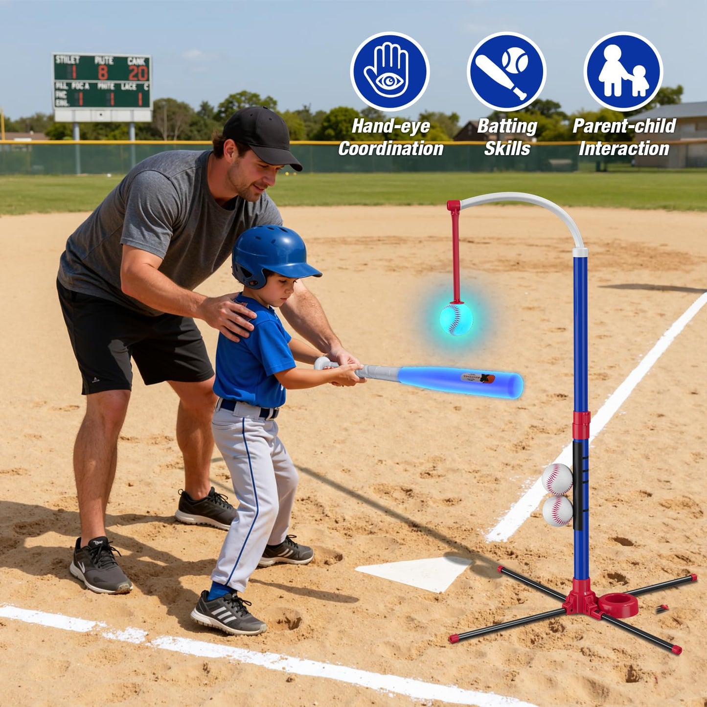 HYES 3-in-1 LED Baseball Set for Kids 3-5 | Adjustable Tee, Ball Launcher, Indoor/Outdoor
