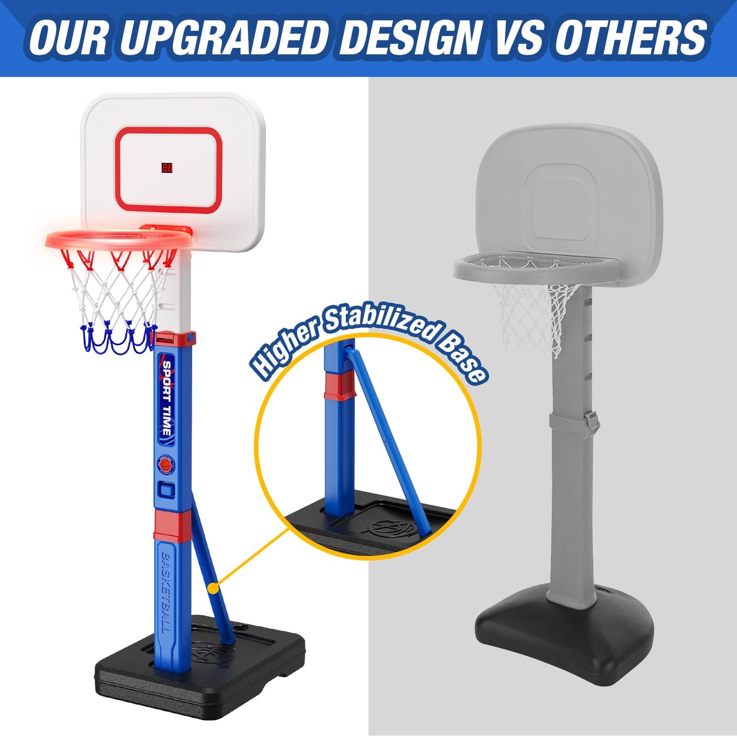 HYES Toddler Basketball Hoop with Scoreboard and LED Rim — 55in Adjustable Indoor Outdoor