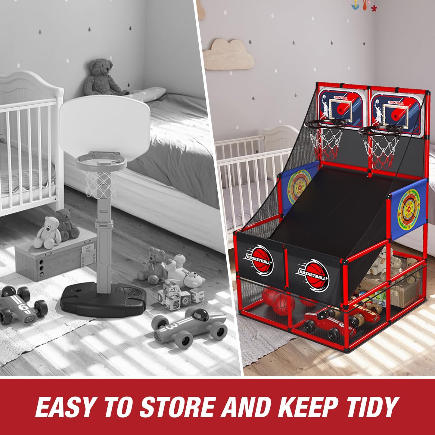HYES 2-in-1 Dual Shot Basketball Arcade Game with LED Scoreboard & Dart Boards – Indoor/Outdoor Kids Sport Toy