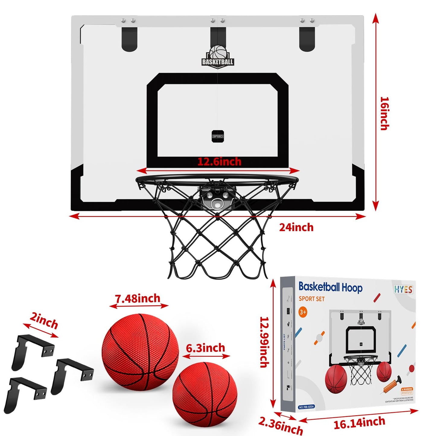 HYES 24x16 Large Indoor Basketball Hoop – Over-the-Door Backboard, Sturdy Rim, Fun Gift for Adults & Kids | Black