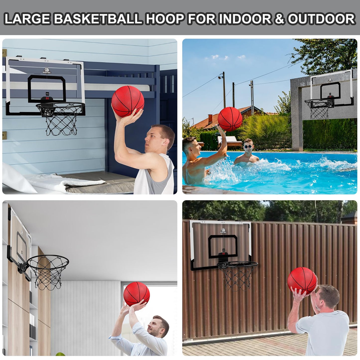 HYES 24x16 Large Indoor Basketball Hoop – Over-The-Door with Electronic Scoreboard