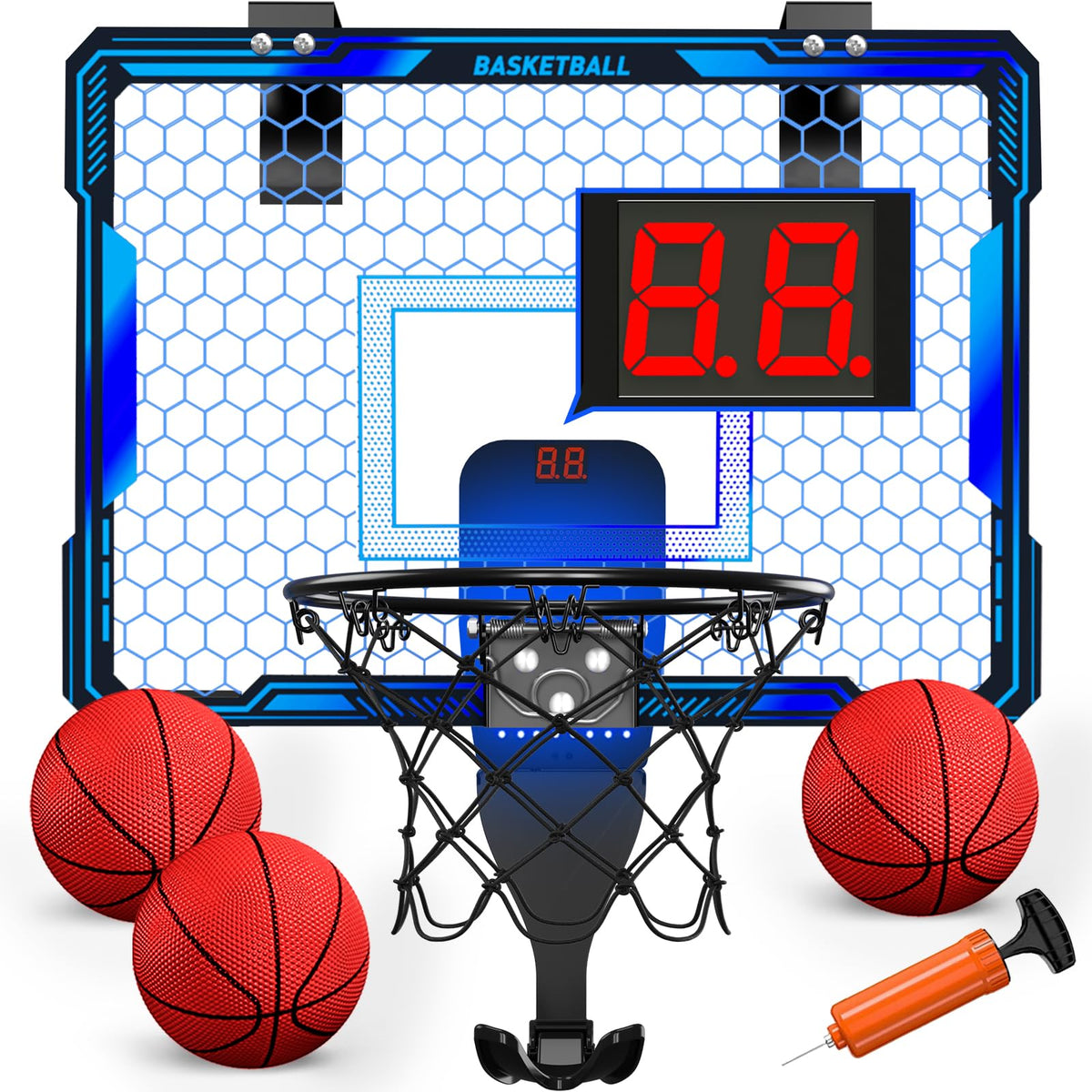 HYES Indoor Basketball Hoop - 7 LED Colors, Over-Door Mini Hoop, 3 Modes