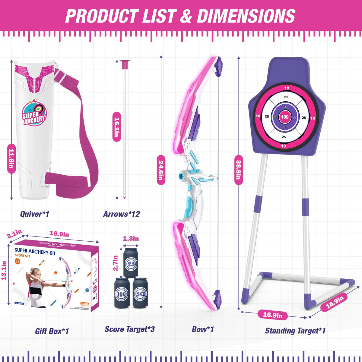HYES Bow and Arrow for Kids 8-12 – LED Light Up Archery Set with 12 Suction Cup Arrows, Targets, and Quiver (Purple)
