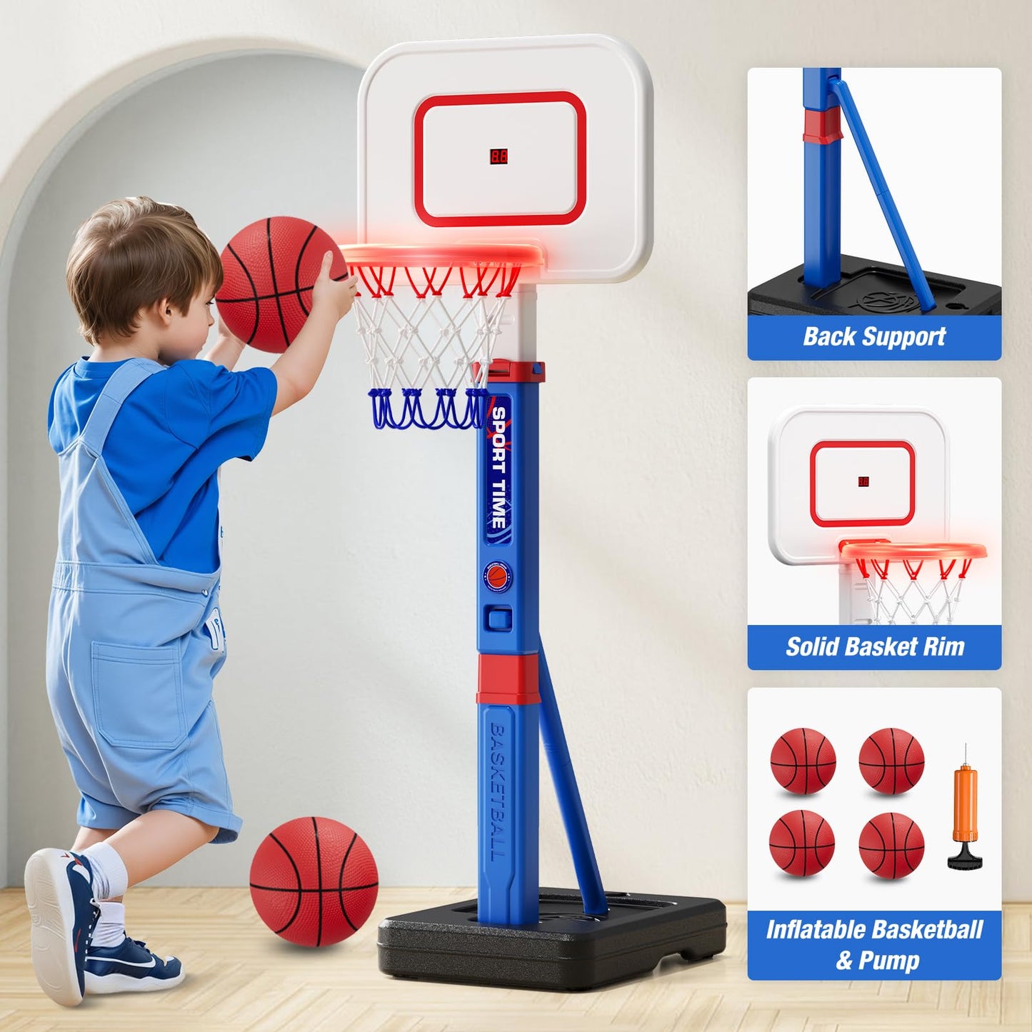 HYES Toddler Basketball Hoop with Scoreboard and LED Rim — 55in Adjustable Indoor Outdoor