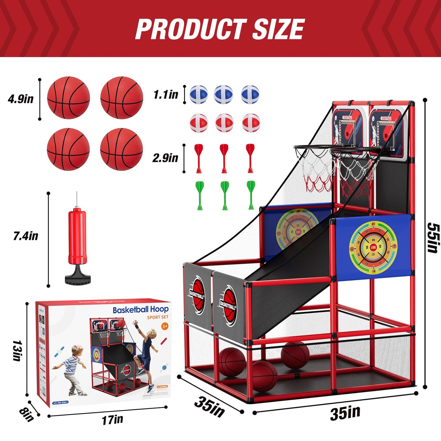 HYES 2-in-1 Dual Shot Basketball Arcade Game with LED Scoreboard & Dart Boards – Indoor/Outdoor Kids Sport Toy