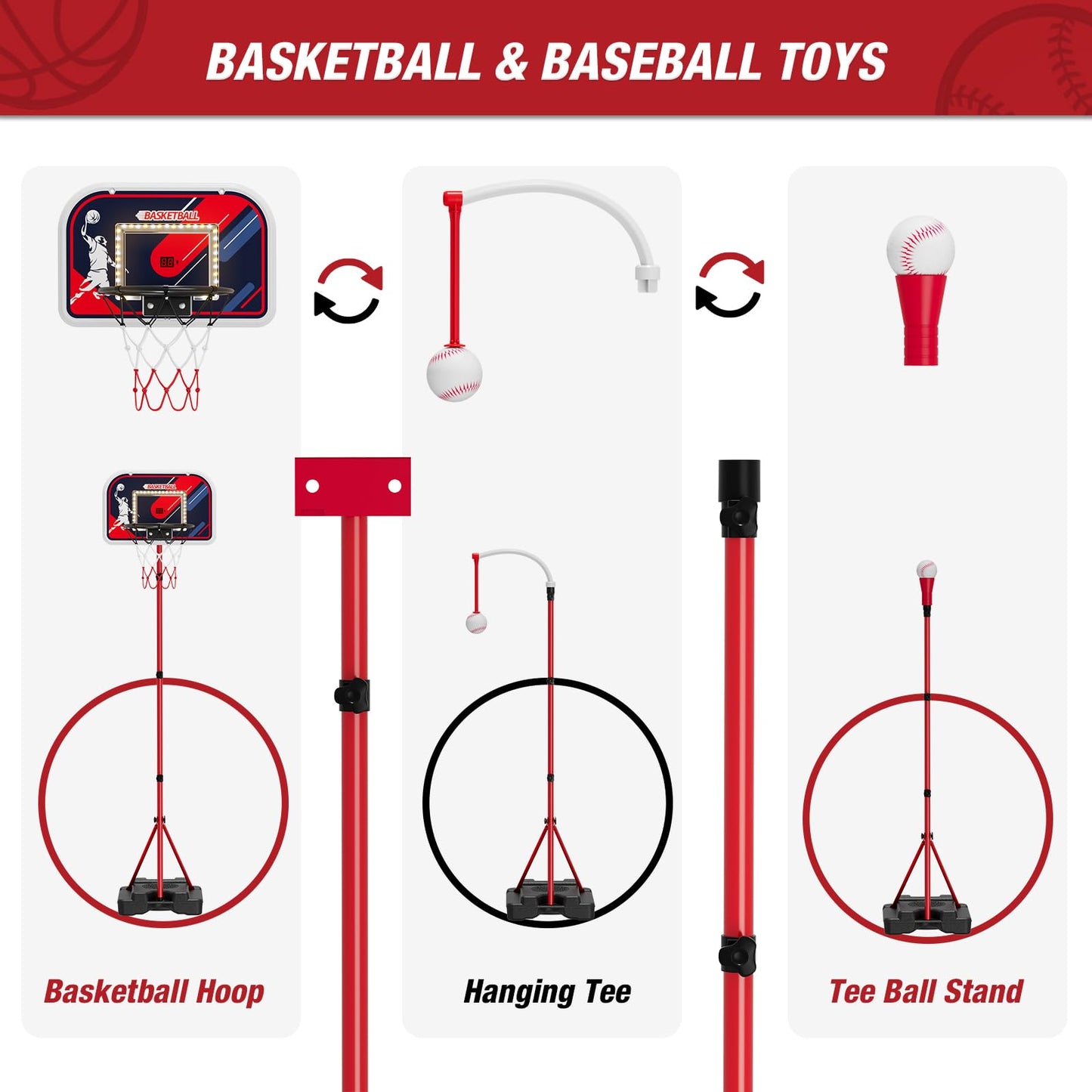 HYES 4-in-1 Kids Basketball Hoop & T-Ball Set – Adjustable Indoor/Outdoor Play for Ages 3-8