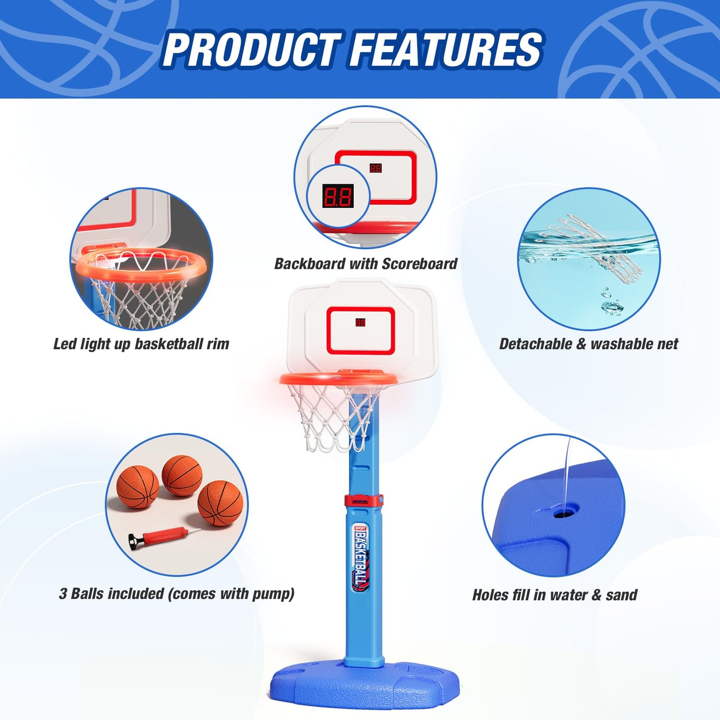 HYES Toddler Basketball Hoop with LED Rim & Scoreboard – Adjustable Indoor/Outdoor Mini Hoop