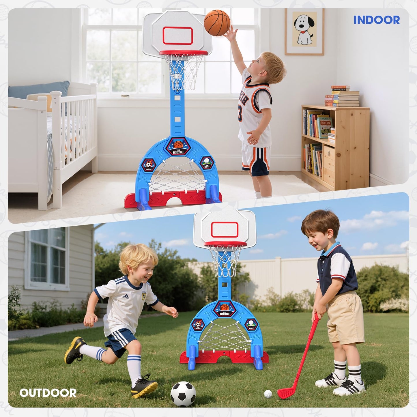 HYES Toddler Basketball Hoop – 3-in-1 Sports Center with Soccer Goal & Golf, 5-Height Adjustable Indoor/Outdoor Playset (Blue)