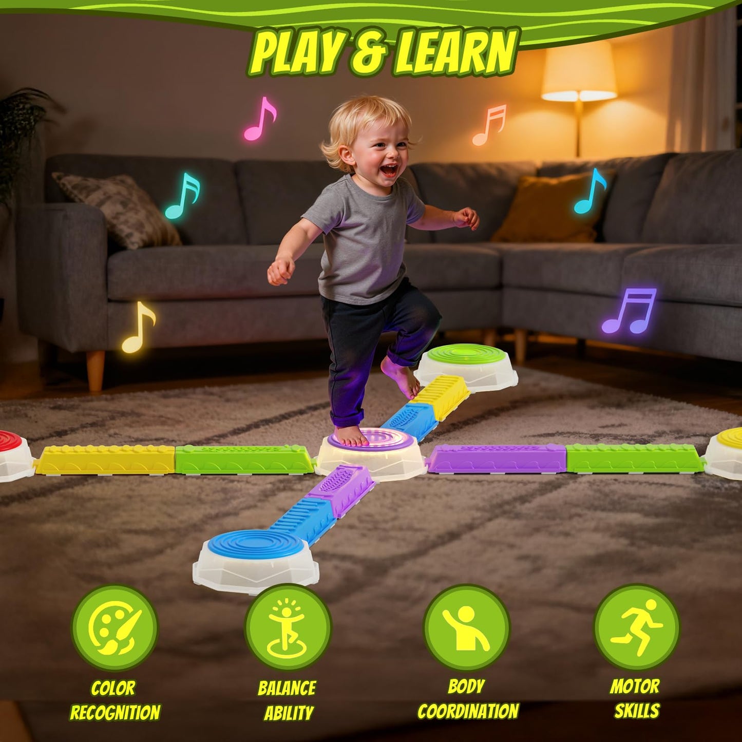 HYES Light Up Stepping Stones & Balance Beams – 13-Piece Sensory Obstacle Set for Kids