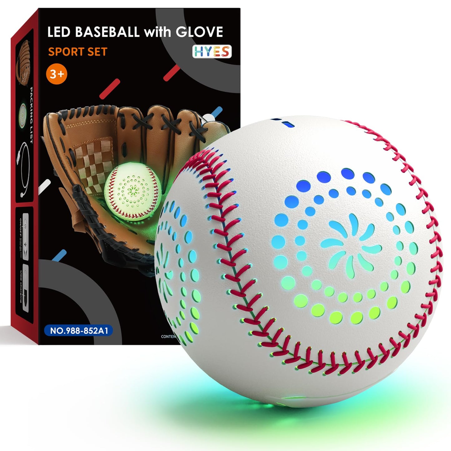 HYES Kids Glow Baseball Glove with Light Up Baseball – 9 Lighting Modes, Official Size
