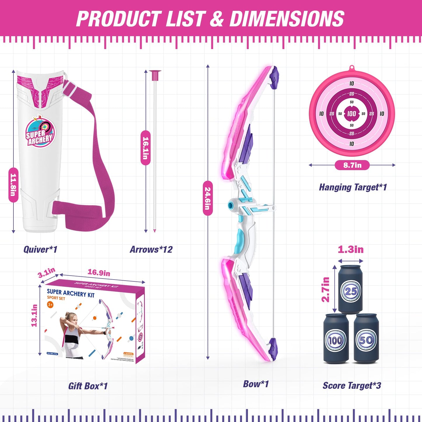 HYES Kids Bow and Arrow – LED Light Up Archery Set with 12 Suction Cup Arrows