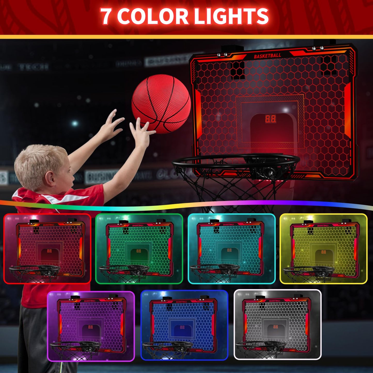 HYES Remote Control Indoor Basketball Hoop – 7 LED Lights, 3 Modes, Over-Door Mount (Red)