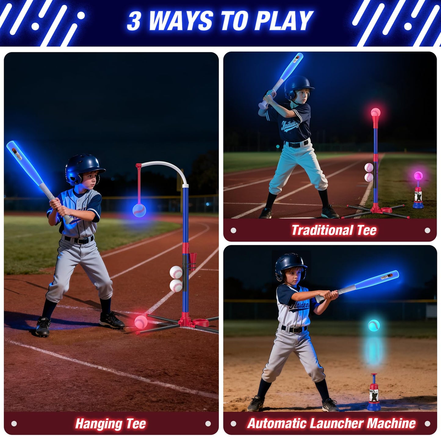 HYES 3-in-1 LED Baseball Set for Kids 3-5 | Adjustable Tee, Ball Launcher, Indoor/Outdoor