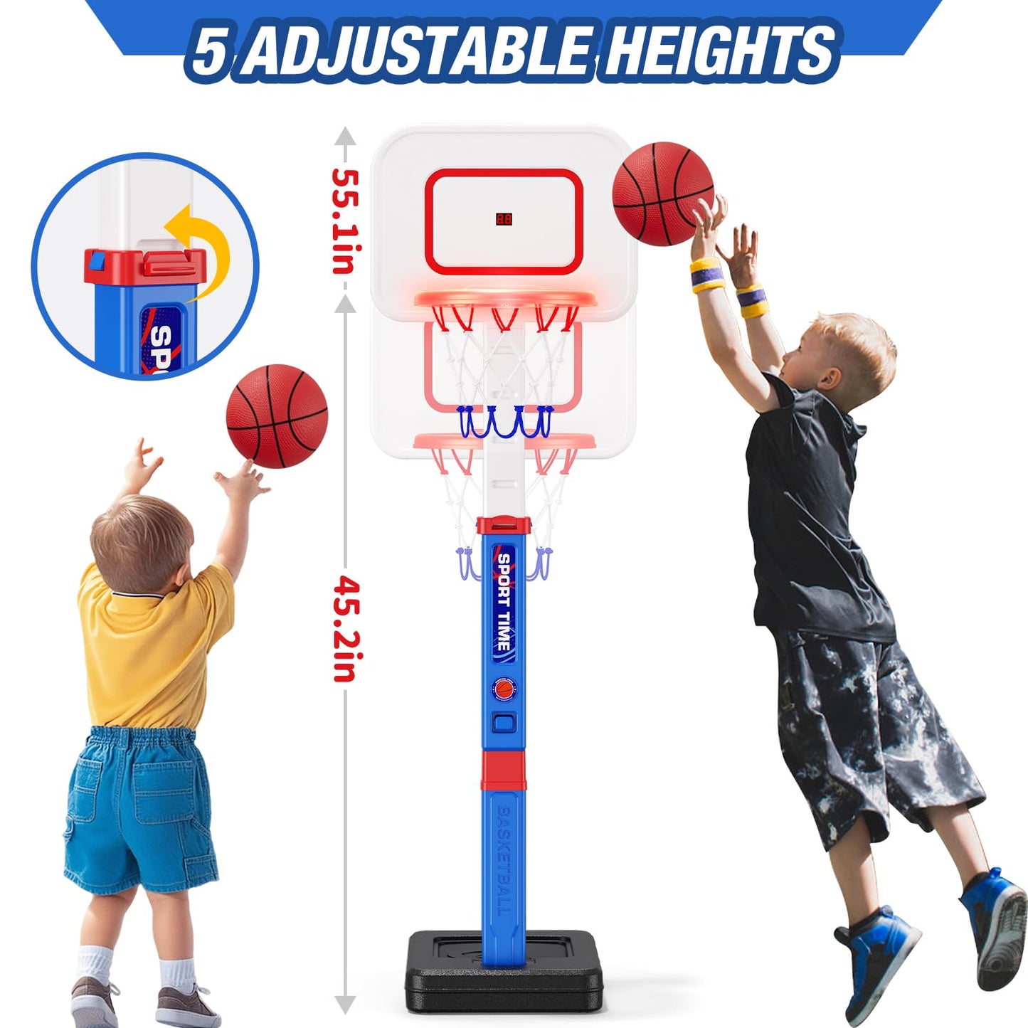 HYES Toddler Basketball Hoop with Scoreboard and LED Rim — 55in Adjustable Indoor Outdoor