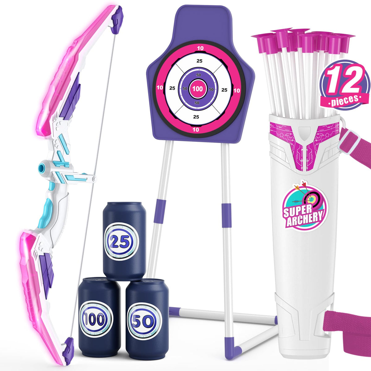 HYES Bow and Arrow for Kids 8-12 – LED Light Up Archery Set with 12 Suction Cup Arrows, Targets, and Quiver (Purple)