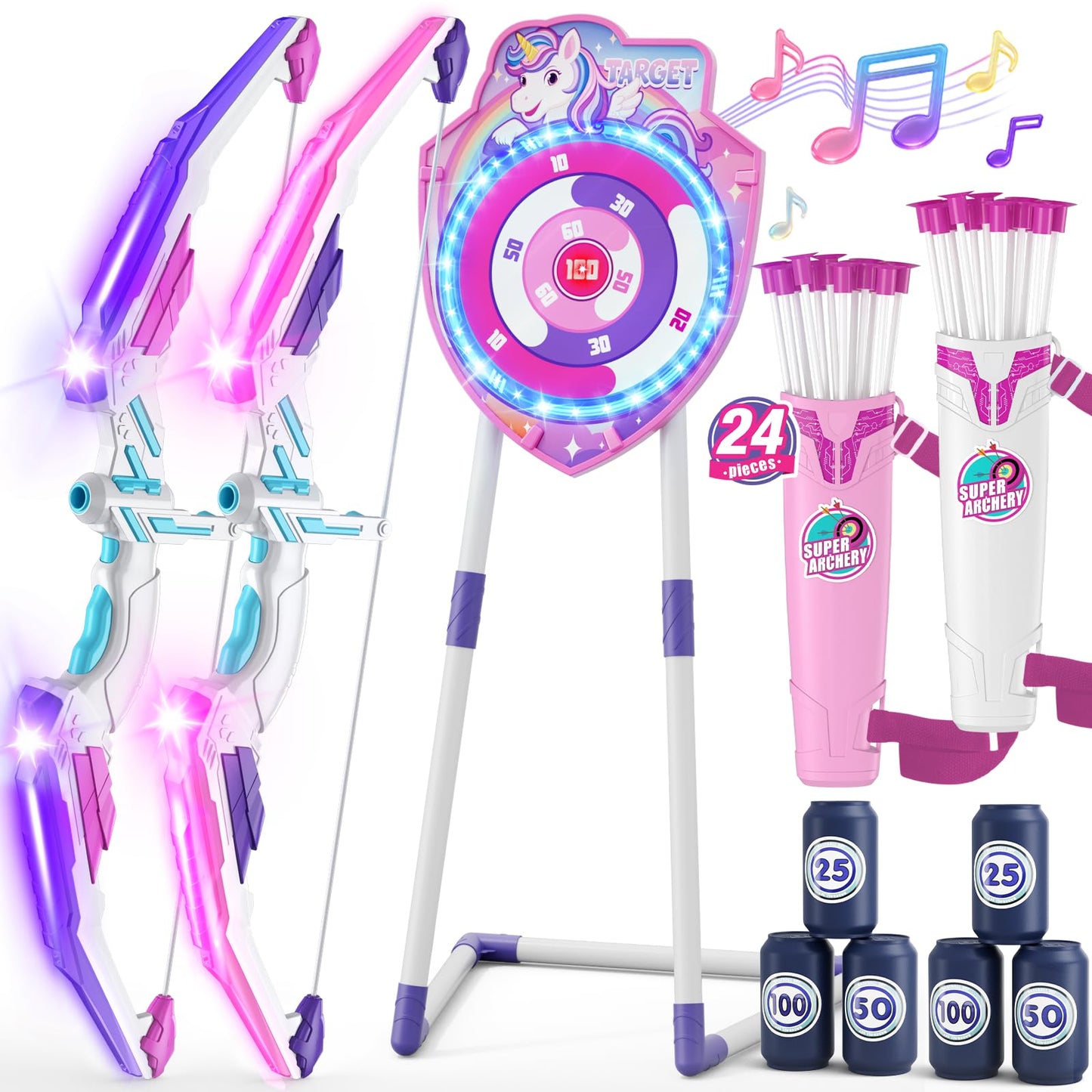 HYES LED Unicorn Archery Set for Kids – 2 Bows, Glow Target, 24 Arrows