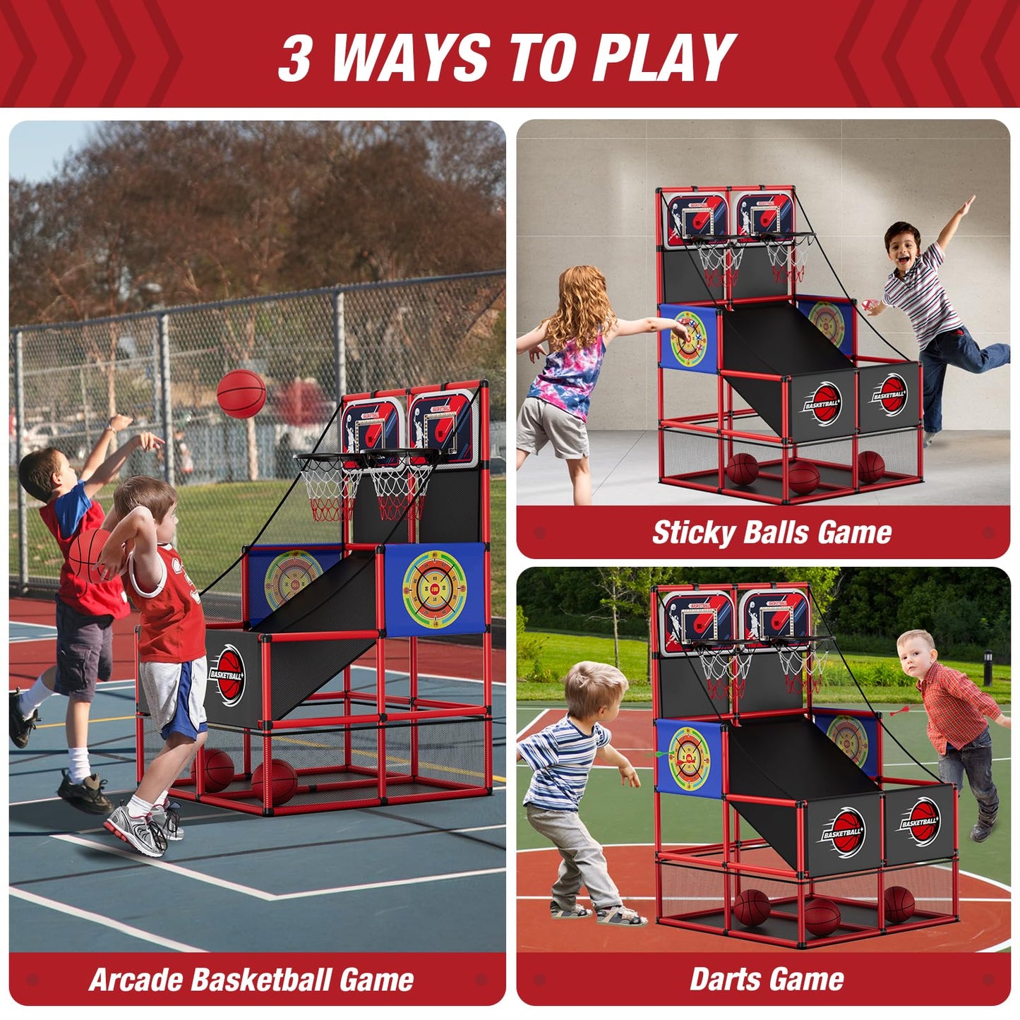 HYES 2-in-1 Dual Shot Basketball Arcade Game with LED Scoreboard & Dart Boards – Indoor/Outdoor Kids Sport Toy