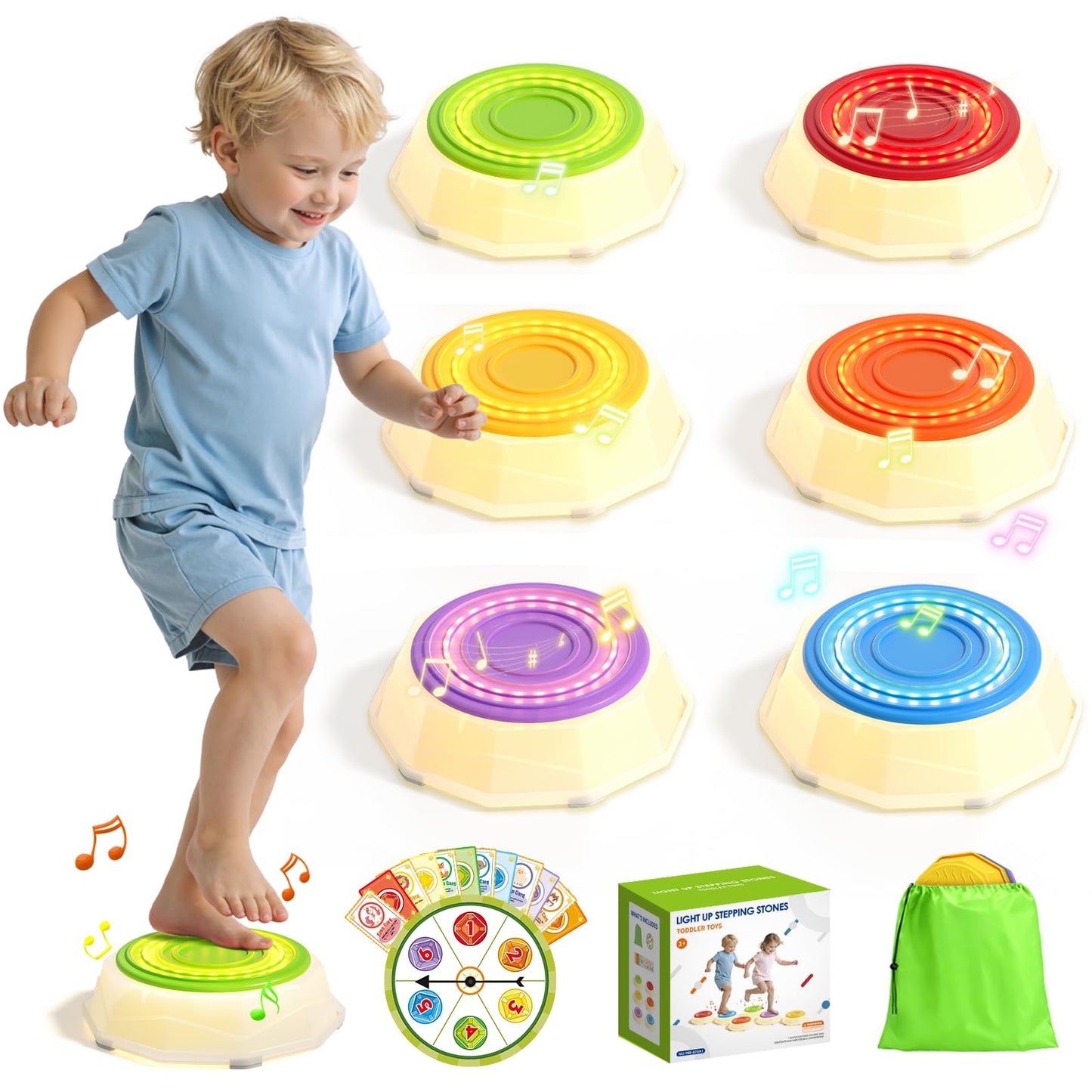 HYES Light Up Stepping Stones for Kids – 6 Pack Musical, Non-Slip, Stackable Toddler Obstacle Course