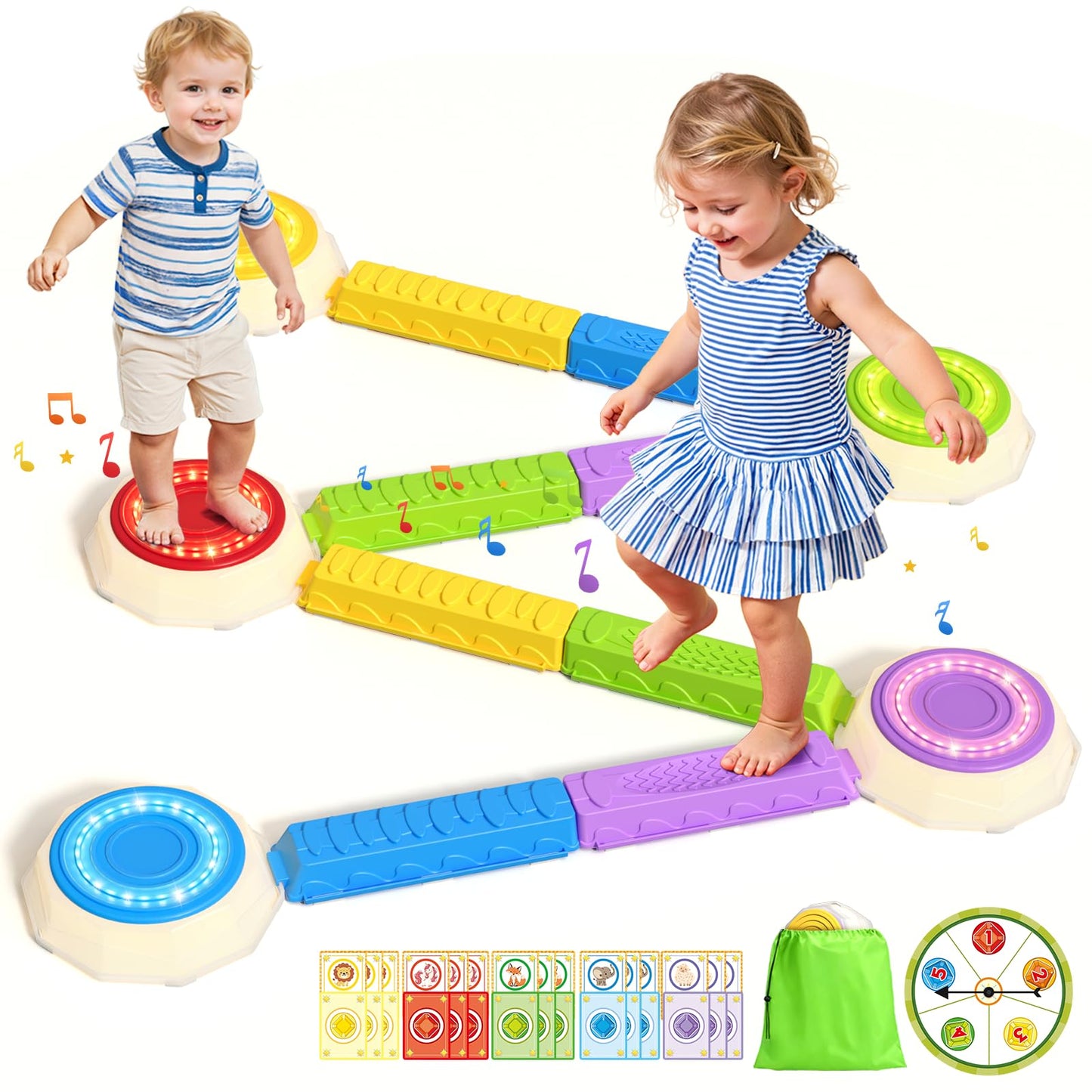 HYES Light Up Stepping Stones & Balance Beams – 13-Piece Sensory Obstacle Set for Kids
