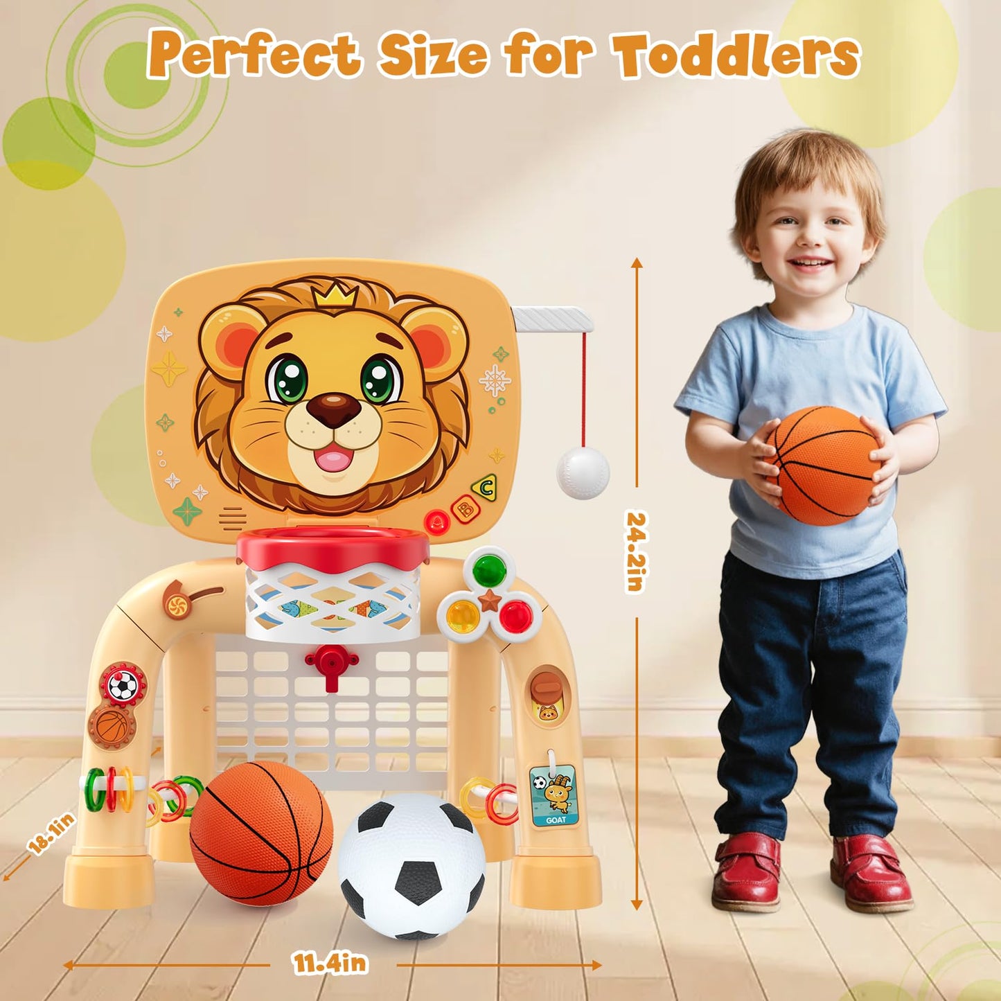 HYES 3-in-1 Toddler Sports Center: Basketball Hoop, Soccer Goal & Learning Abacus for Ages 1–3
