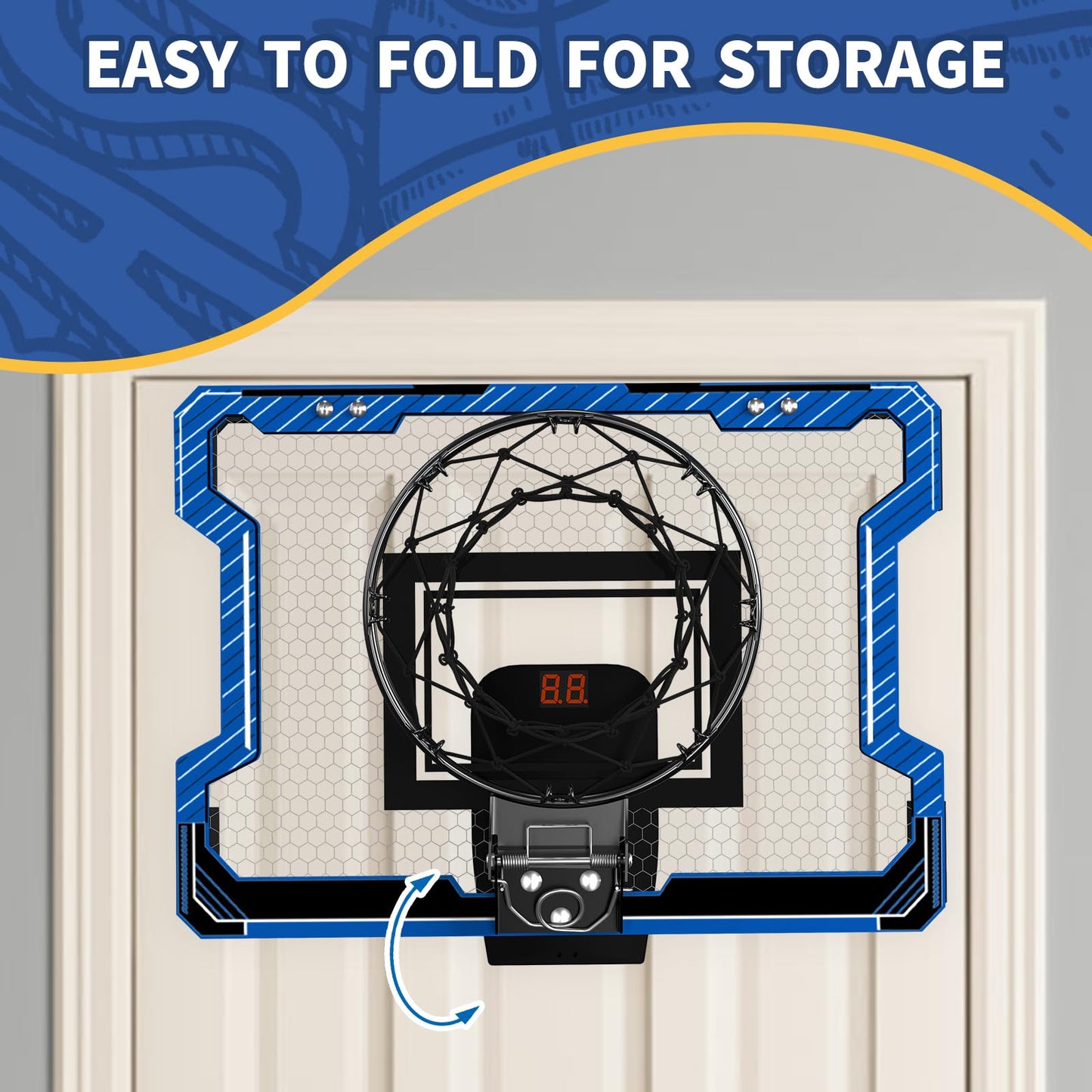 HYES Mini Basketball Hoop with Scoreboard – Over-the-Door Mount, 3 Balls, Inflator, Blue