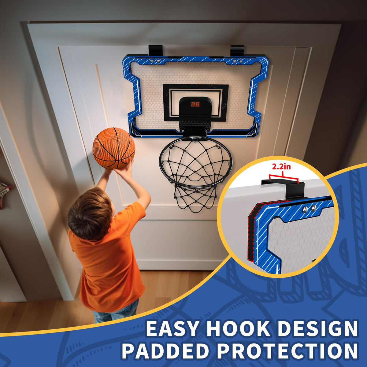 HYES Mini Basketball Hoop with Scoreboard – Over-the-Door Mount, 3 Balls, Inflator, Blue