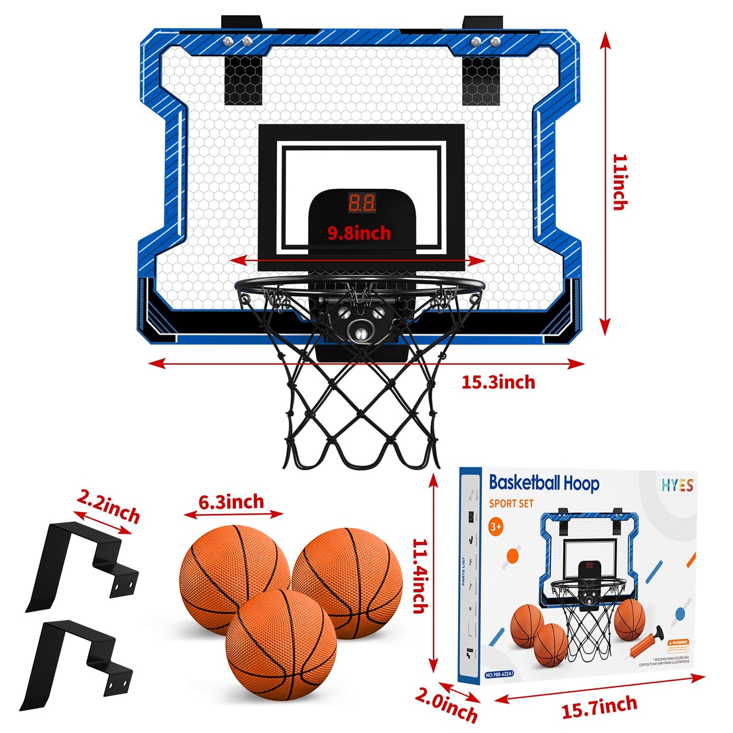 HYES Mini Basketball Hoop with Scoreboard – Over-the-Door Mount, 3 Balls, Inflator, Blue