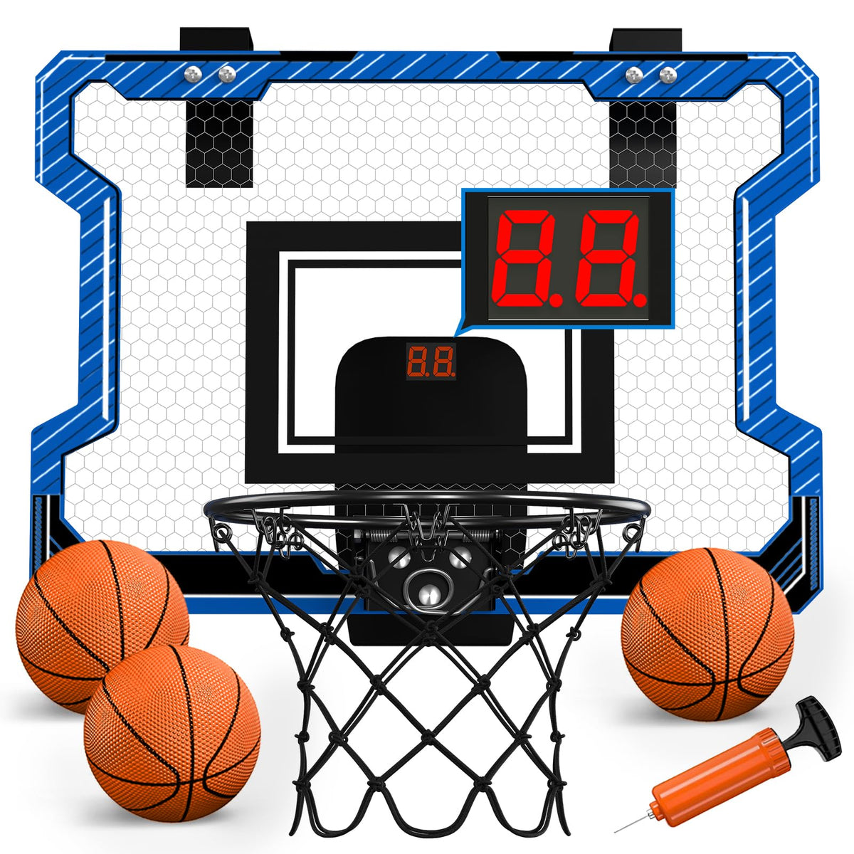 HYES Mini Basketball Hoop with Scoreboard – Over-the-Door Mount, 3 Balls, Inflator, Blue