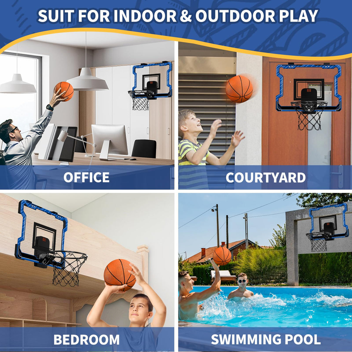 HYES Mini Basketball Hoop with Scoreboard – Over-the-Door Mount, 3 Balls, Inflator, Blue