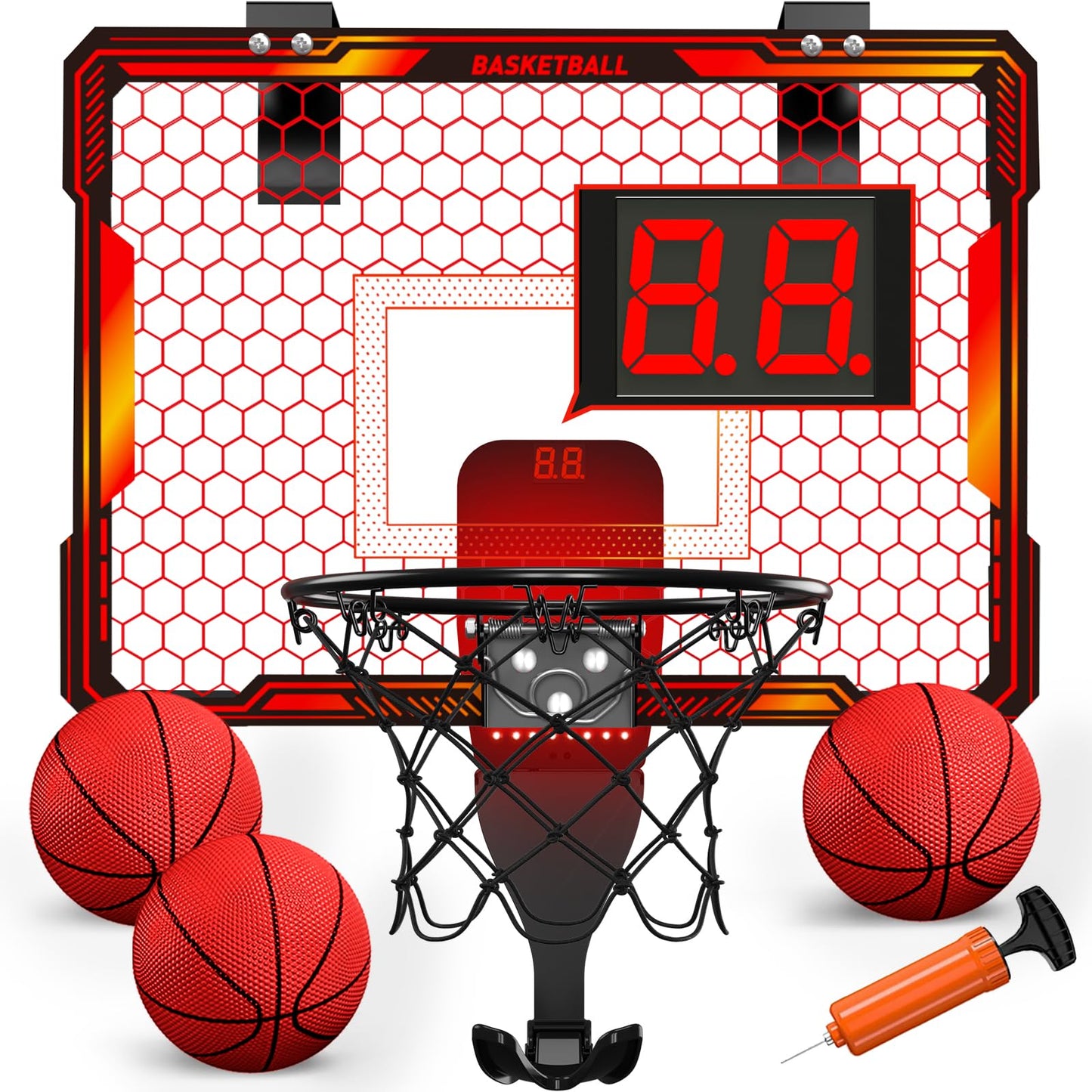 HYES Mini Basketball Hoop Indoor with 7 LED Lights, Scoreboard, 3 Modes, Foldable Over-Door Design – Red