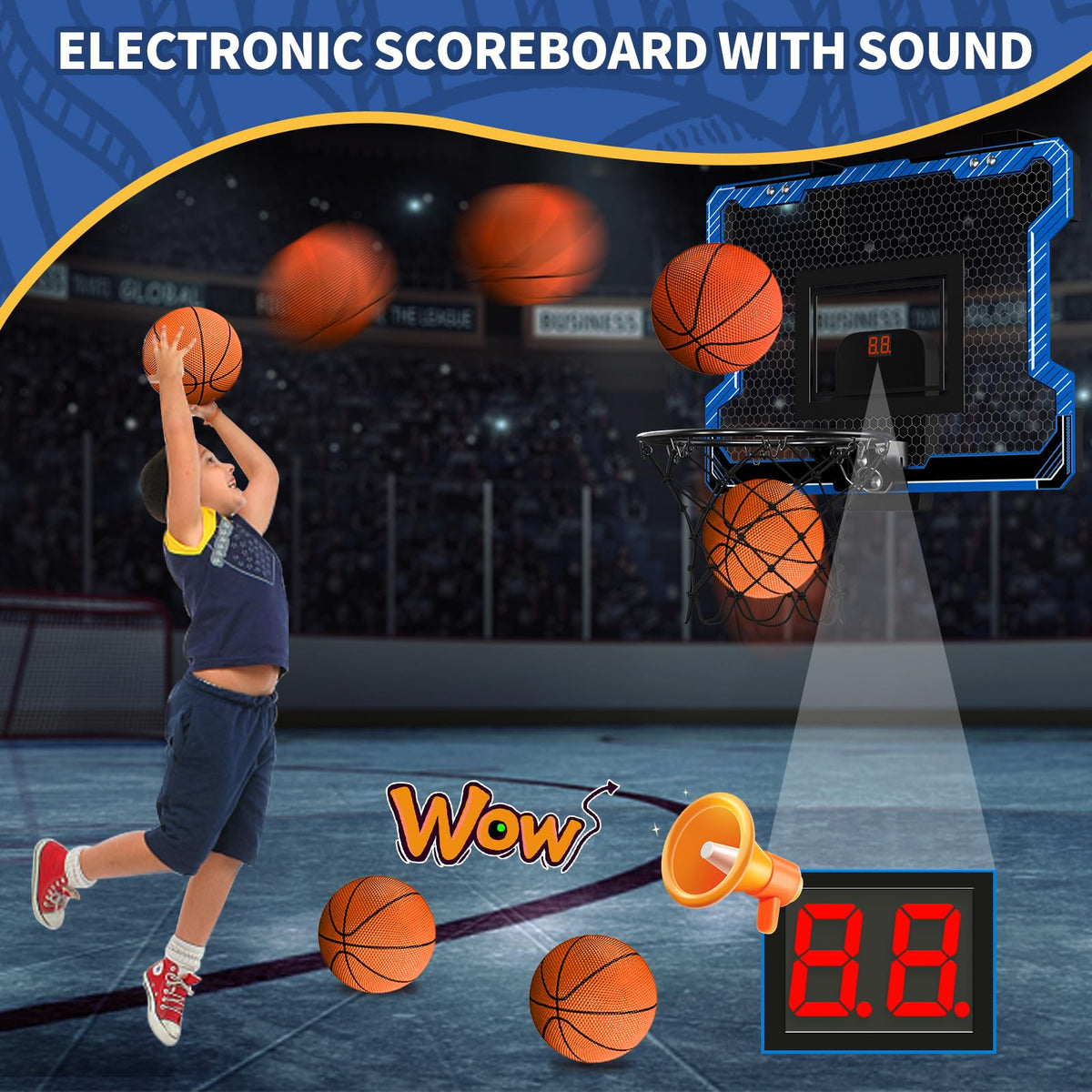 HYES Mini Basketball Hoop with Scoreboard – Over-the-Door Mount, 3 Balls, Inflator, Blue