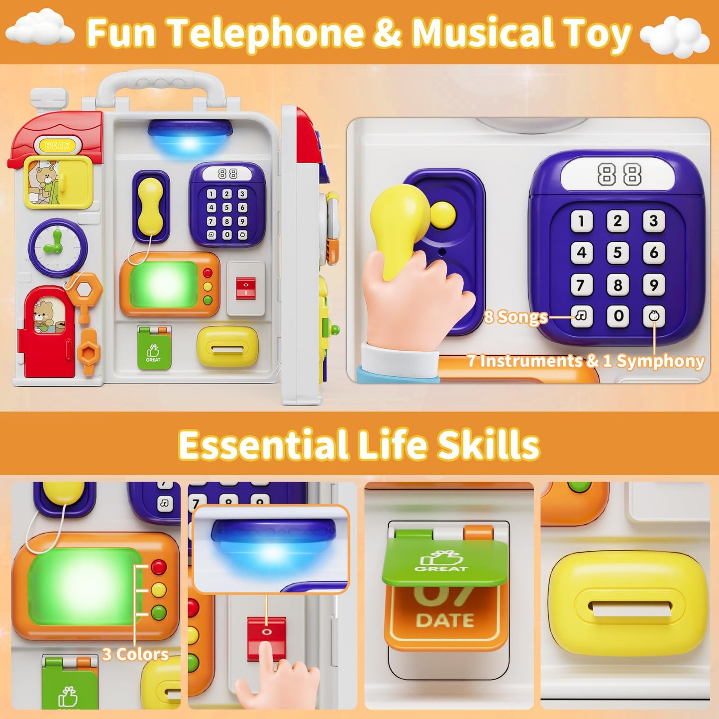 HYES Montessori Busy Board for Toddlers 1-3 | Musical Toy for 12-18 Months | Portable & Durable