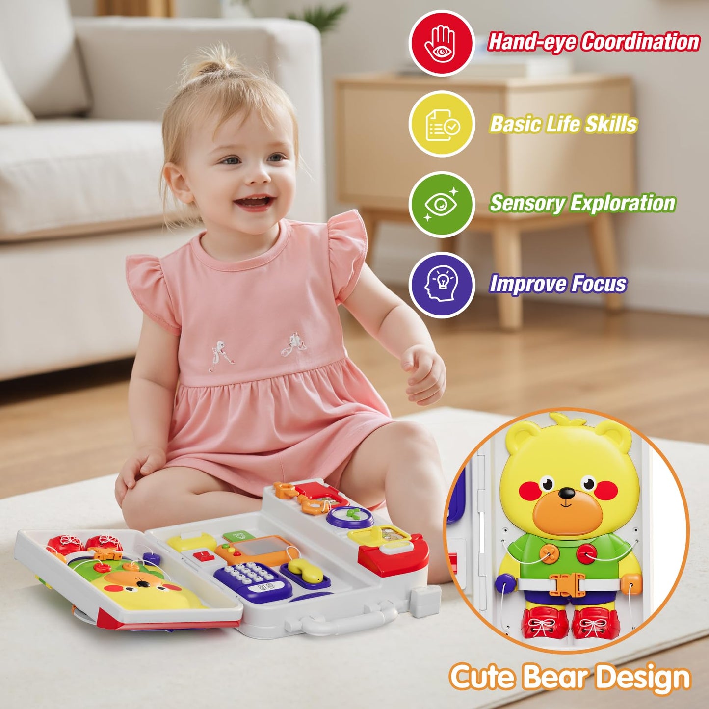 HYES Montessori Busy Board for Toddlers 1-3 | Musical Toy for 12-18 Months | Portable & Durable