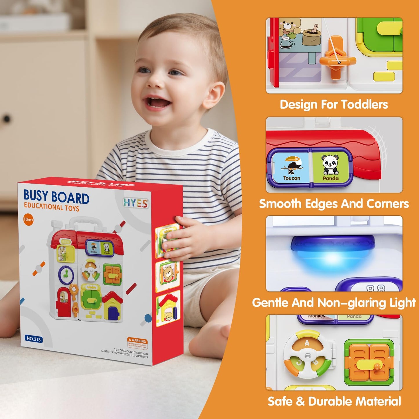 HYES Montessori Busy Board for Toddlers 1-3 | Musical Toy for 12-18 Months | Portable & Durable